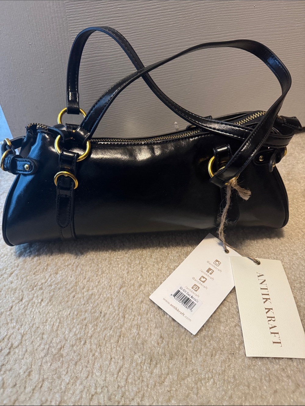 Antik Kraft Black Leather Mini Shoulder Bag with Gold Accents NWT SO CHIC